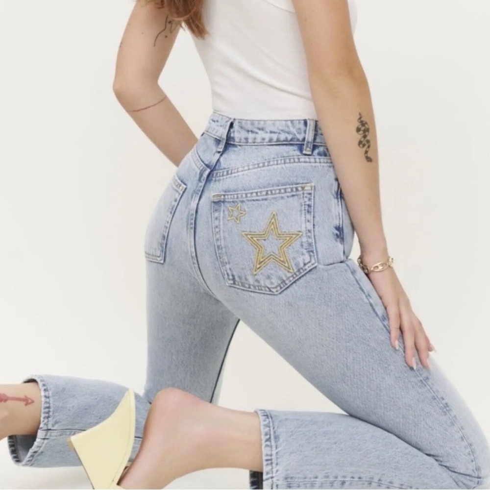 Reformation Blue and Gold Flare Jeans with Star Embroidery